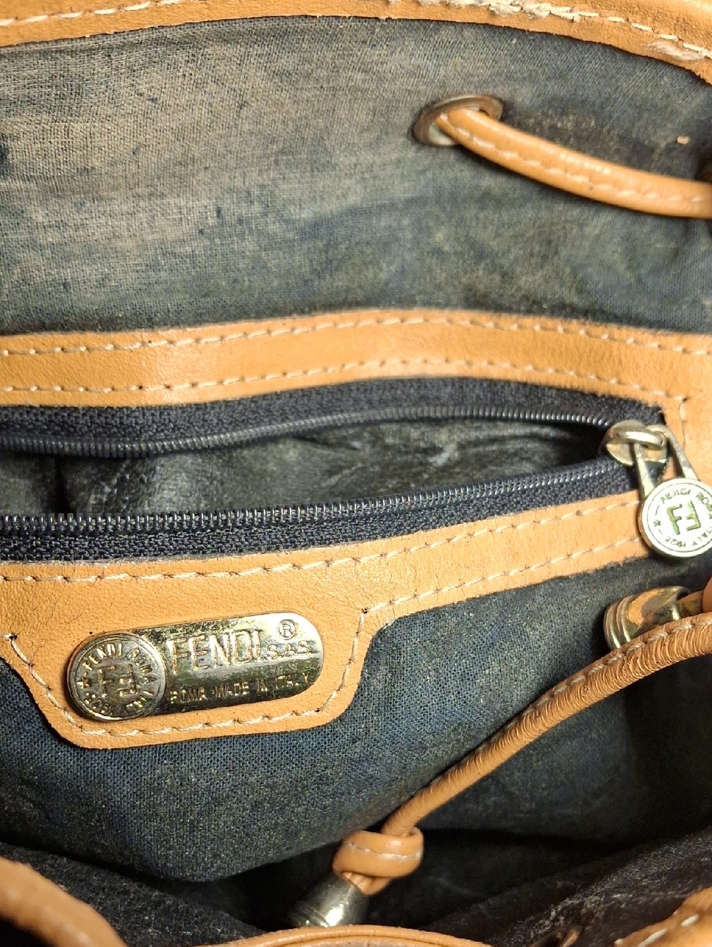 Fendi Leather-Trim Monogram Bucket Shoulder Bag in Tan and Black - Picture 8 of 12